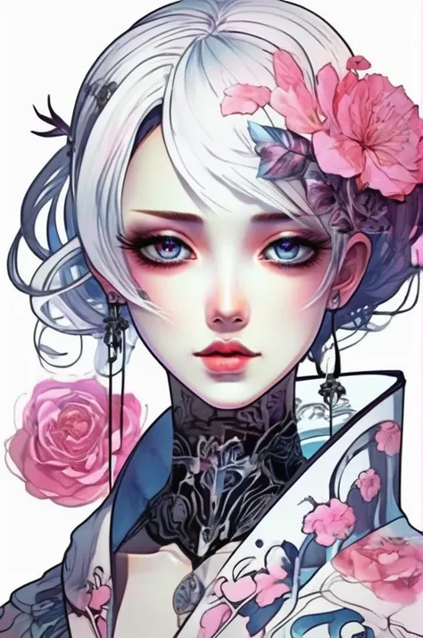 線が光、A stunning anime girl with an intricate floral tattoo on her neck, exuding elegance and beauty.,in the style of neon realism, dark pink and light black, gothic art nouveau, anime-inspired character designs, dark white and indigo, bold yet graceful, cyb...