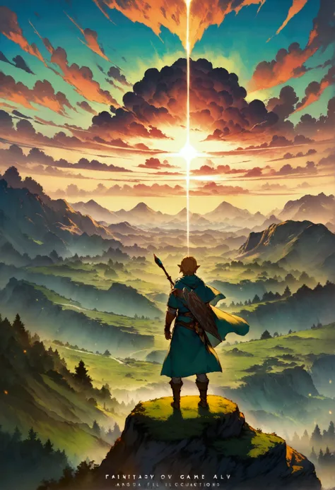 A painting，A boy standing on a hill looking out over the valley, Zelda, Game cover art, Epic full-color illustrations, Fantasy RPG book illustrations, official art works