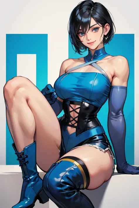 A muscular mature woman with short black hair and a gentle smile wearing a blue enamel tube top, blue enamel shorts, blue enamel gloves, blue enamel knee-high boots, and black fishnet stockings