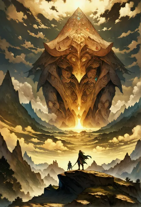 A painting，A boy standing on a hill looking out over the valley, Zelda, Game cover art, Epic full-color illustrations, Fantasy RPG book illustrations, official art works