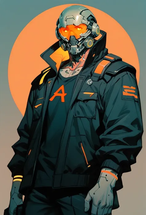 (score_9, score_8_up), score_7_up, zPDXL, cyberpunk style, Man, Futuristic round helmet, neon, black suit with orange neon lines, orange neon details on the helmet, Sovereign pose, cowboy shot sinozick style