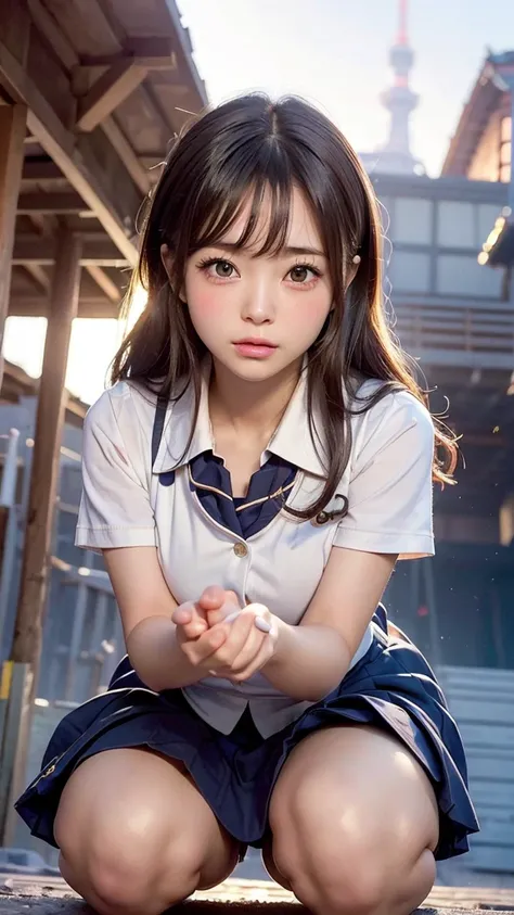 masterpiece, Bokeh, (Beautiful Face), (Detailed face), (Perfect hands:1.2),(Japanese Idols:1.6), (school uniform:1.3), (construction site:1.3), (Blushed:1.3), (Plump breasts:1.2), (squat:1.2), (From below:1.5), alone, Anatomically correct, 