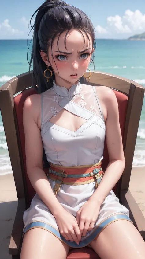 Masterpiece, Top quality, Earrings, silver dress, Black hair, Small breasts, Girl, Upper body, Hot, Sweating, Sitting, Ponytail, Looking at camera, Sea, Looking forward, Spread legs, Angry, chair sit, Showing crotch