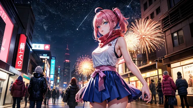 Anime girl aged 25+, cold weather, snowing, Japanese style, your beautiful face. Sparkling blue eyes Beautiful long dark pink hair Wearing sneakers and a large-breasted sleeveless shirt while standing in the middle of the city, a busy street, wearing a sca...