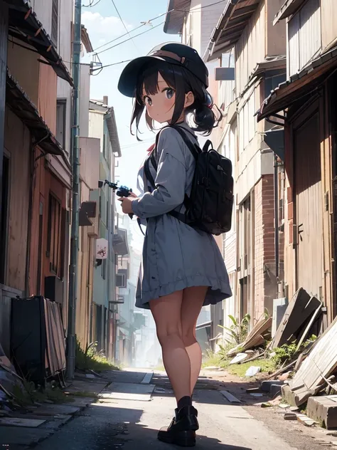 Traveling Girl、Cape、young girl, hat, Ruck sack,Many supply factories and depots、Peaceful summer scene、Traces of an ancient civilisation、People who live there々Appearance、
supply、Runaway drone、Collapsed rubble、A lot of people々、Anime image quality, 