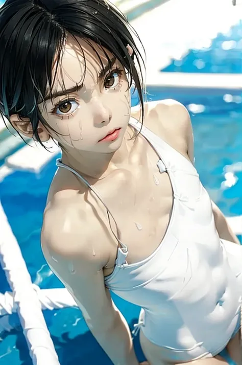 ((((Close-up angle looking up from below))))13-year-old girl, solo,(((Small breasts: 1.6))), ((((Embarrassing,))))((((Wearing a white swimsuit、))))((((Various poses、))))A sexy masterpiece with wet hair, Highest quality, Realistic, Ultra-detailed, (Glowing ...