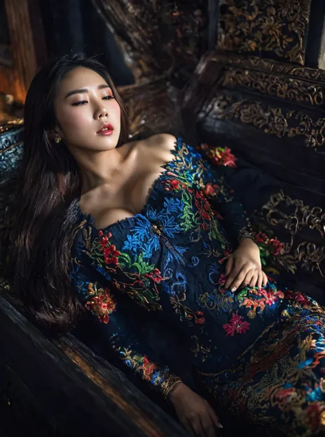 In a striking 8K HDR scene, a stunning Korean woman, 22 years old, lies peacefully in a black coffin surrounded by plush pillows. The deep box is set against a rich black background, accentuating the beauty of the subject. Her exquisite deep-V neckline keb...