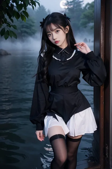 tutututu black black serafuku sailor collar black miniskirt long sleeves, Deep in Wonderland，1girl, Moonlight falls like water，Foggy Room，The heroine&#39;s figure is vaguely visible，Like a fairy in a painting，Slender sexy legs，Very beautiful legs，((Large B...