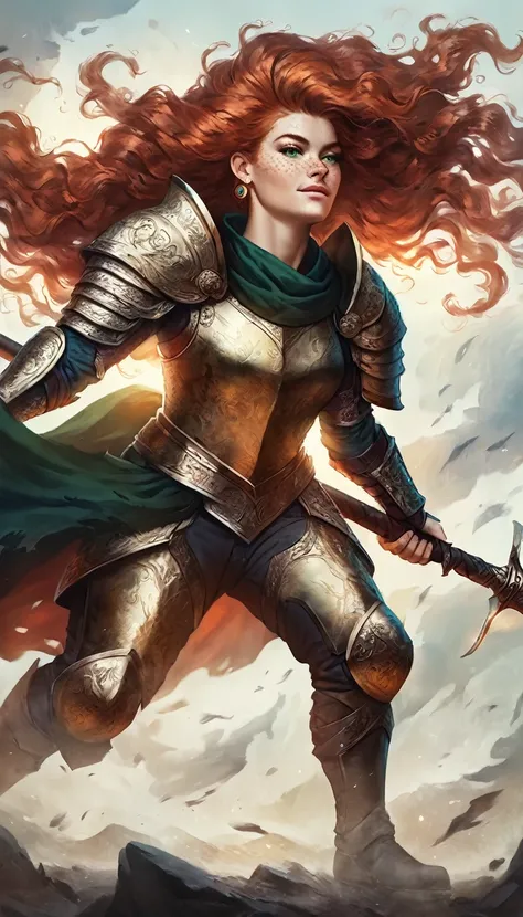 full body art of a single Human Caucasian Woman with long ginger hair, freckles, long eyelashes, vivid green eyes wearing a medieval gold plate armor with a green ragged cape, posing half kneeling and wielding a shield in front and warhammer at back, stron...