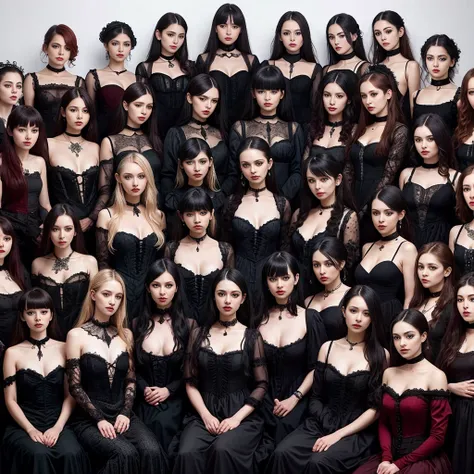 beautiful group of 19 person woman wearing gothic costume focus on face