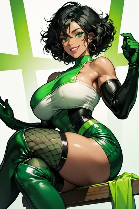 A muscular black mature woman with natural curls and black hair, wearing a green enamel tube top, green enamel shorts, green enamel gloves, green enamel knee-high boots, and black fishnet stockings, smiling gently.　Thick lips