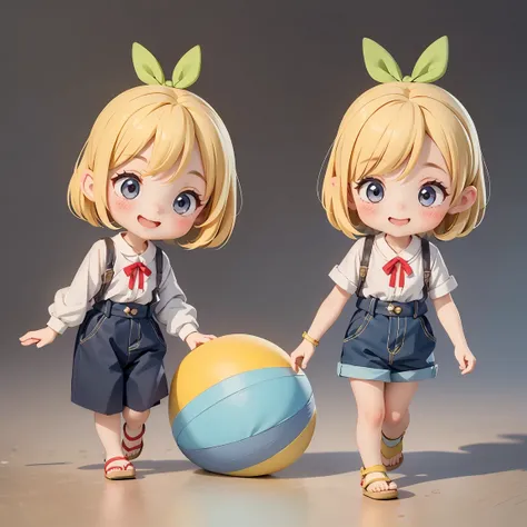  Super Chibi Character：1.8、wearing cute sandals、All-over simple and light color background：1.8、Blonde Hair、Cute 7 year old girl、Random cute outfits、Short legs、Short arms、Sandals with ribbon、Rolling around laughing：1.8、Rolling around laughing：1.8