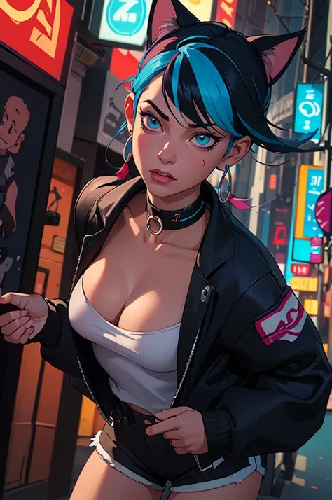 4k,CG Digital rendering,wallpaper,illustration,absurdres,Ultra HD,incredibly absurdres,masterpiece,amazing,finely detail,original,beautiful-detailed eyes,tyndall effect,dynamic angle,cyberpunk city,night,

(1girl:1.5),(solo),((streetwear)),toon,medium brea...