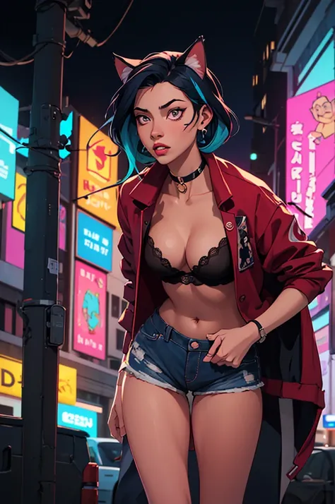 4k,CG Digital rendering,wallpaper,illustration,absurdres,Ultra HD,incredibly absurdres,masterpiece,amazing,finely detail,original,beautiful-detailed eyes,tyndall effect,dynamic angle,cyberpunk city,night,

(1girl:1.5),(solo),((streetwear)),toon,medium brea...