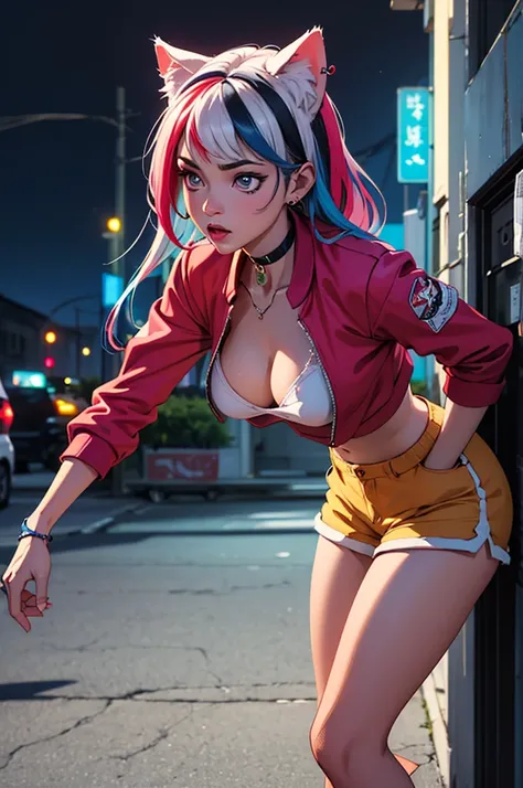 4k,CG Digital rendering,wallpaper,illustration,absurdres,Ultra HD,incredibly absurdres,masterpiece,amazing,finely detail,original,beautiful-detailed eyes,tyndall effect,dynamic angle,cyberpunk city,night,

(1girl:1.5),(solo),((streetwear)),toon,medium brea...