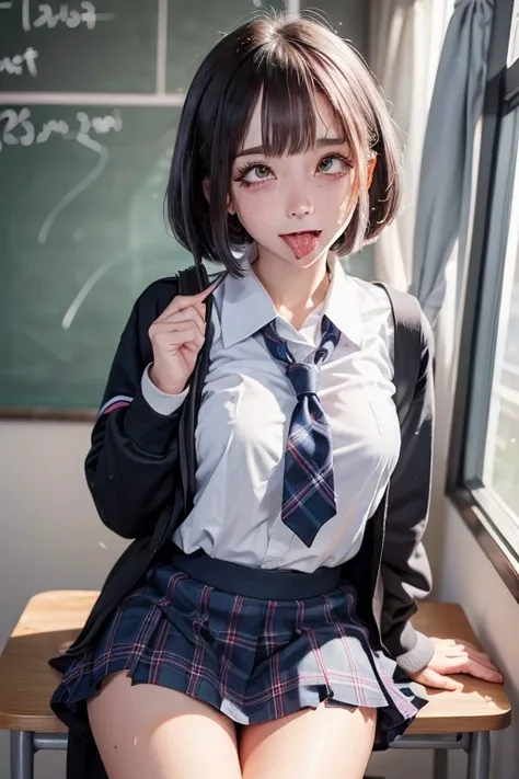 high quality, detailed,girl,(very wet school uniform),a mole under the eye,(bob hair,bob hair),plaid skirt,(tounge out),(blushin...