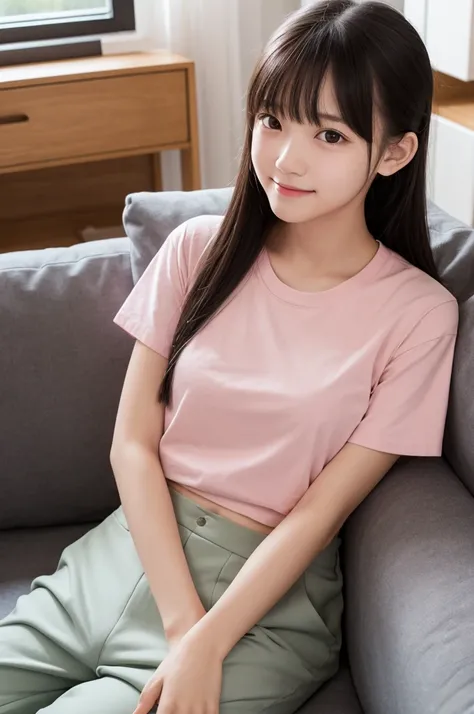 16 years old,high school student,Pink T-shirt,Culottes,Black Hair,bangs,ponytail,Straight hair,Dark Eyes,thin足,slender,Small face,Young Face,Clean your eyes,Small Mouth,thin,Young Face,Small breasts,Small breasts,Small breasts,Small breasts,Realistic photo...