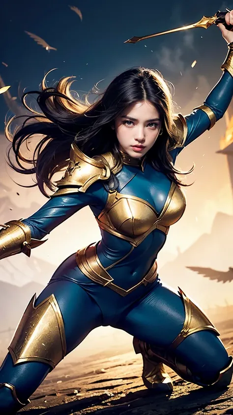 Design a scene featuring Kalista from League of Legends in her Championship skin, with gleaming gold and blue armor that signifies her triumph in the battlefield. Depict her using her Martial Poise passive, gracefully leaping and darting around her enemies...