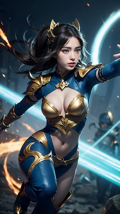 Design a scene featuring Kalista from League of Legends in her Championship skin, with gleaming gold and blue armor that signifies her triumph in the battlefield. Depict her using her Martial Poise passive, gracefully leaping and darting around her enemies...