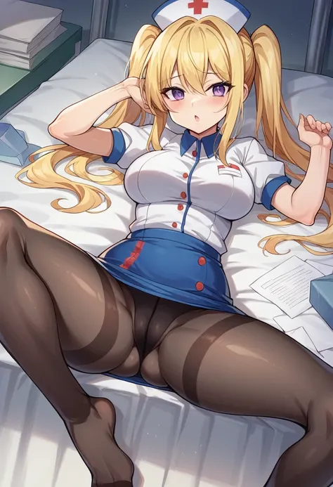 (Tabletop, Highest quality, Very detailed), One Girl, Purple eyes, Blonde, Dark Skin, Twin tails、((Nurse uniform))、((pantyhose))、Pencil Skirt、(Bedroom)、M-shaped sitting、(Place your hands behind your head)、(Spread your legs)