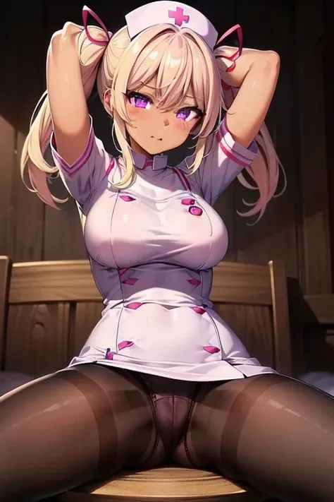 (Tabletop, Highest quality, Very detailed), One Girl, Purple eyes, Blonde, Dark Skin, Twin tails、((Nurse uniform))、((pantyhose))、Pencil Skirt、(Bedroom)、M-shaped sitting、(Place your hands behind your head)、(Spread your legs)