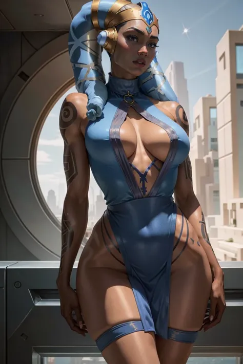 Tall Blue Skin Twilek with (gigantic breasts) wearing a tight short gold minidress, short dress, miniskirt, high neck, sleeveless, (keyhole cleavage), tattoos, huge breasts, cleavage, tall, graceful, (tall, long legs), athletic, slim hips, small waist, ful...