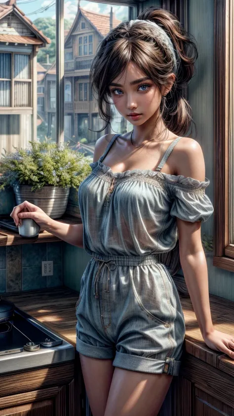 ultra-detailed realistic, 1 girl, standing alone, long brown hair, eye white, bangs over eyes, ponytail hair style, hair pulling back, all-body, Ultra realistic delicate face with deep details, kitchen background, Shorts with open zipper showing beautiful ...