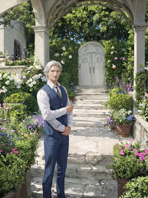 Male 45 years old. Gardener. White natural hair with silver undertones. Blue eyes. In the garden. Gardeners clothes. Fantasy palace. High quality, Detailed, High resolution, Masterpiece, Very high quality. Face.