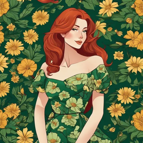 the most beautiful redhead in the universe, she wears a green floral dress