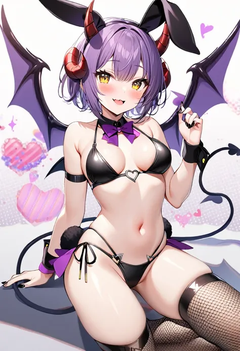 1girl, solo, breasts, looking at viewer, blush, smile, short hair, open mouth, thighhighs, navel, animal ears, medium breasts, sitting, tail, swimsuit, yellow eyes, purple hair, heart, bikini, wings, horns, nail polish, rabbit ears, wrist cuffs, fishnets, ...