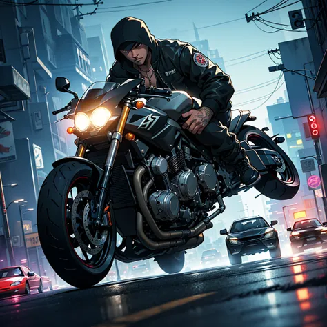 Create a GTA V-style digital illustration inspired by the Fast and Furious franchise. Set the scene on a dimly lit street at night, featuring a mix of characters. Include men in motorcycle club-style attire, exuding a tough and intimidating presence, along...