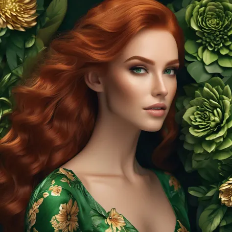 a beautiful redhead woman, a green floral dress, an elegant pose, detailed facial features, striking green eyes, long eyelashes, delicate skin, detailed hair strands, intricate floral patterns, soft natural lighting, vivid colors, photorealistic, 8k, best ...