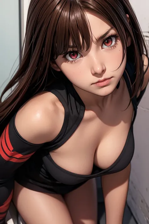 my hero academia style, a girl with red eyes, Brown hair, small breasts, challenging and serious look,