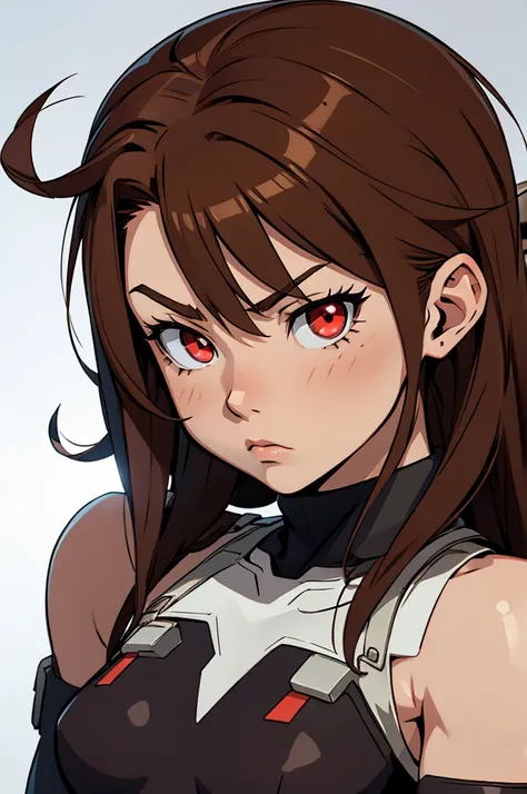 my hero academia style, a girl with red eyes, Brown hair, small breasts, challenging and serious look,