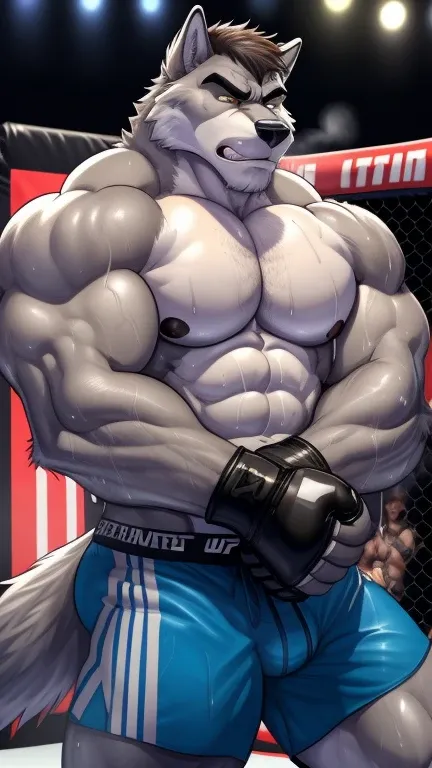 Duo male(Gray Wolf vs Gray Wolf, handsomes, handsome hairstyle, tails, Thick eyebrows, detailed face), gay(Clinch embraced, body with body, on a UFC match), hot(Shirtless), handsomes(They are handsomes, correct anatomy), musculosos(Big muscle bodies, Six p...