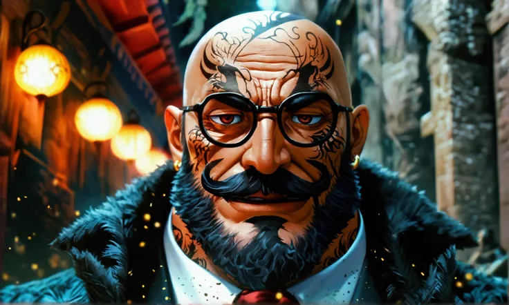 Big muscular man, bald, big black beard, luxury formal wear, smug look, tattoos on his head, scary expression, arrogant smile, "Anime character design inspired by One Piece, full of dramatic and impressive lighting, focus on the centralized character, impr...