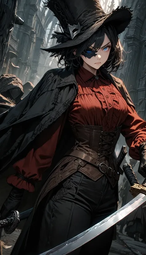 adult woman, blue eyes, short black hair, serious, black hunter pants, brown corset, red shirt, black leacher coat, Victorian hat, mask, one eye closed, sword, Bloodborne, Masterpiece, best quality, Full HD, 8k, ultra details, great graphic