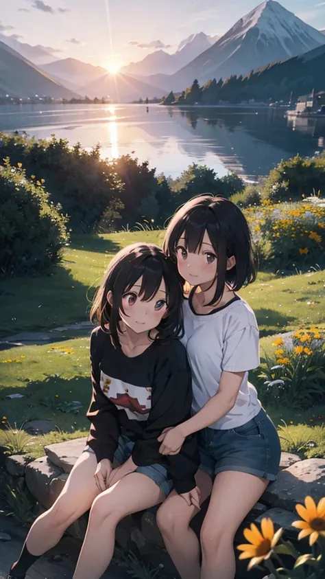 There is a mountain, there are many flowers on it, it is sunset, it is sunny, there is a couple sitting on the mountain, the couple is wearing short clothes. Moody color, Anime look, 