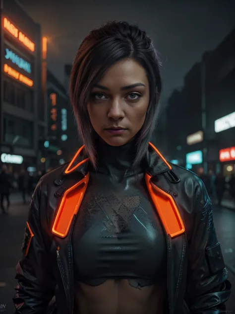 Realistic photo of a Man in  the middle of cyberpunk city Street:1.5, Shadow play, mist, moody, glossy short ash gray hair, orange tech jacket, red iris eyes, vivid, red, cream, brown, green, neon light, purple neon, blue neon, red neon,, Film light, Hyper...