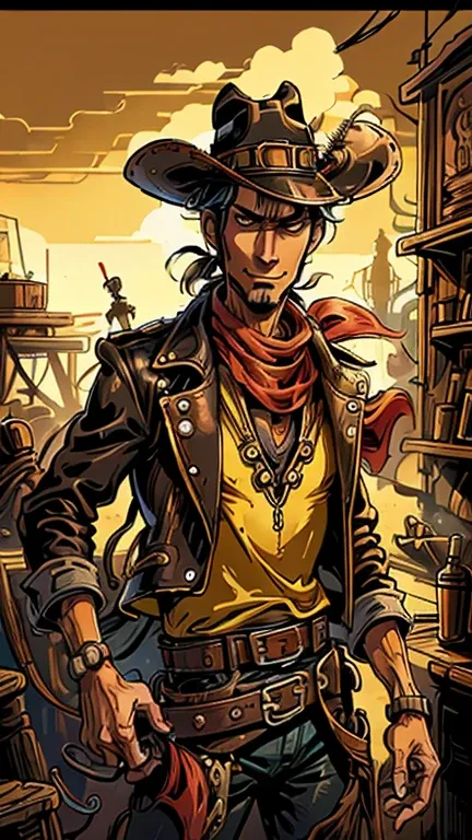 (1man, lucky luke, yellow top, black jacket, jean, cowboy hat, red bandana), (extremely detailed cg unit 8k wallpaper),(master p...