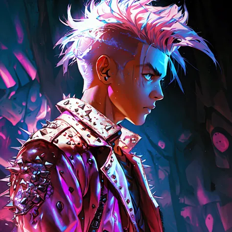 a young male with a pink and blue undercut, punk leather jacket with metal spikes, fingerless gloves, purple snakeskin pants, cowboy boots, detailed facial features, cinematic lighting, dramatic atmosphere, hyper-realistic, award-winning concept art, digit...