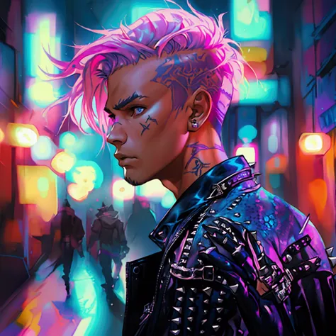 a young male with a pink and blue undercut, punk leather jacket with metal spikes, fingerless gloves, purple snakeskin pants, cowboy boots, detailed facial features, cinematic lighting, dramatic atmosphere, hyper-realistic, award-winning concept art, digit...