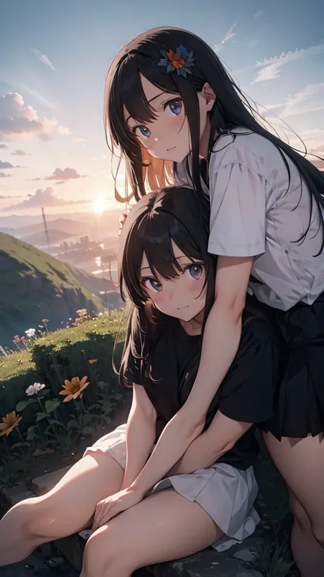 There is a mountain, there are many flowers on it, it is sunset, it is sunny, there is a couple sitting on the mountain, the couple is wearing short clothes. Moody color, Anime look, 