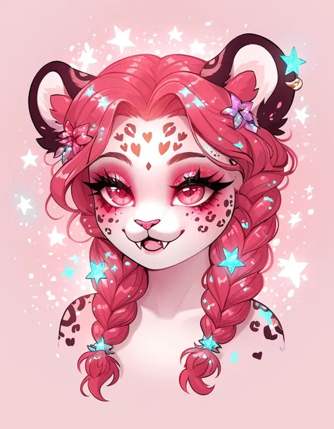 Cherry with braids and fangs and jaguar spots in beautiful art style floating glitter