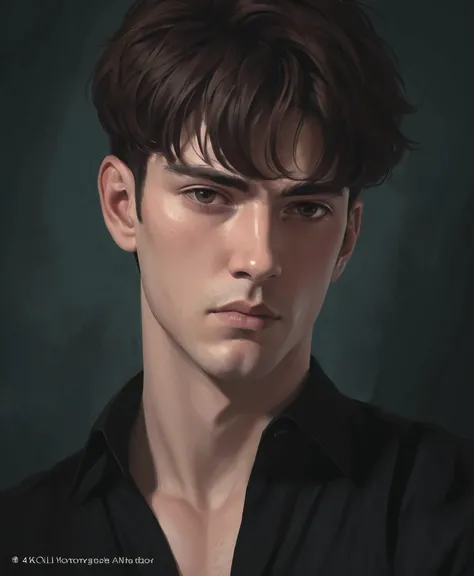 portrait of a man with a black shirt and brown hair, TWO BLOCK HAIRSTYLE , Inspired by Wlop, in the art style of bowater, portrait of a handsome man, detailed character portrait, sad expression, moody , HD , 4k , Detailed Hd