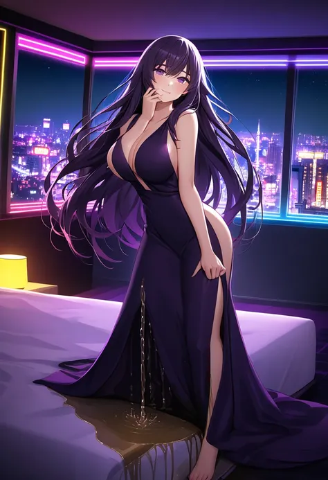 woman, very dark purple hair, purple eyes, long hair, large breasts, very long dress, very tight dress, standing, (wetting herself:1.5), best quality, ultra-detailed, HDR, studio lighting, professional, vivid colors, sharp focus, bokeh, landscape, love hot...