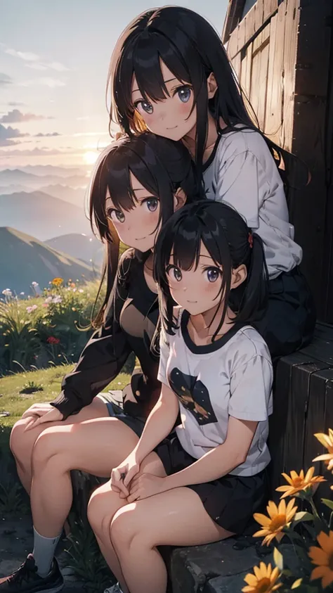 a beautiful mountain landscape, a couple sitting on the mountain watching the sunset, mountains, flowers, sunset, sunny, couple, short clothes, moody color, anime style,