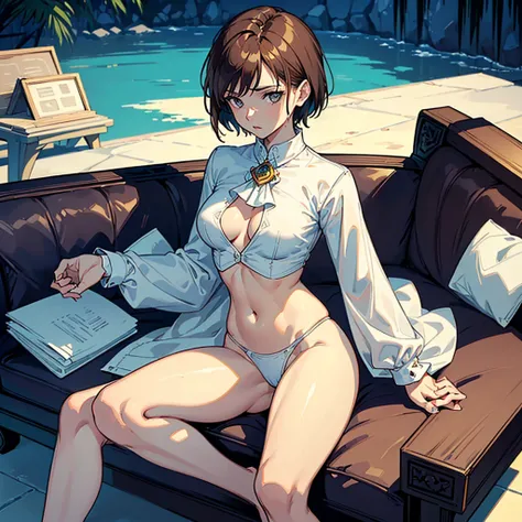 masterpiece,(Perfect Anatomy:1.5),from blow, highest quality, a lady, slender, leggy, ((very short hair)), brown hair, (wear a white long sleeved shirt:1.5), white bikini panties , Perfect hands, Perfect body, reclining, lying on a sofa, throw her legs ove...