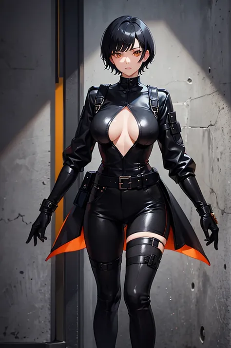 1woman, short hair, black hair, orange eyes, black leather outfit, standing on ground, high res, ultra sharp, 8K, masterpiece