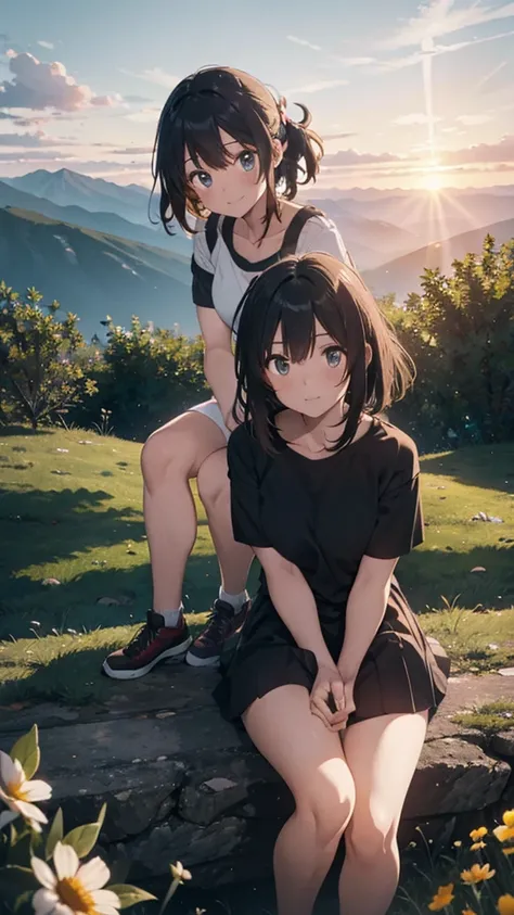 a beautiful mountain, a boy and girl sitting on the mountain watching the sunset, mountains, flowers, sunset, sunny, couple, short clothes, moody color, anime style,